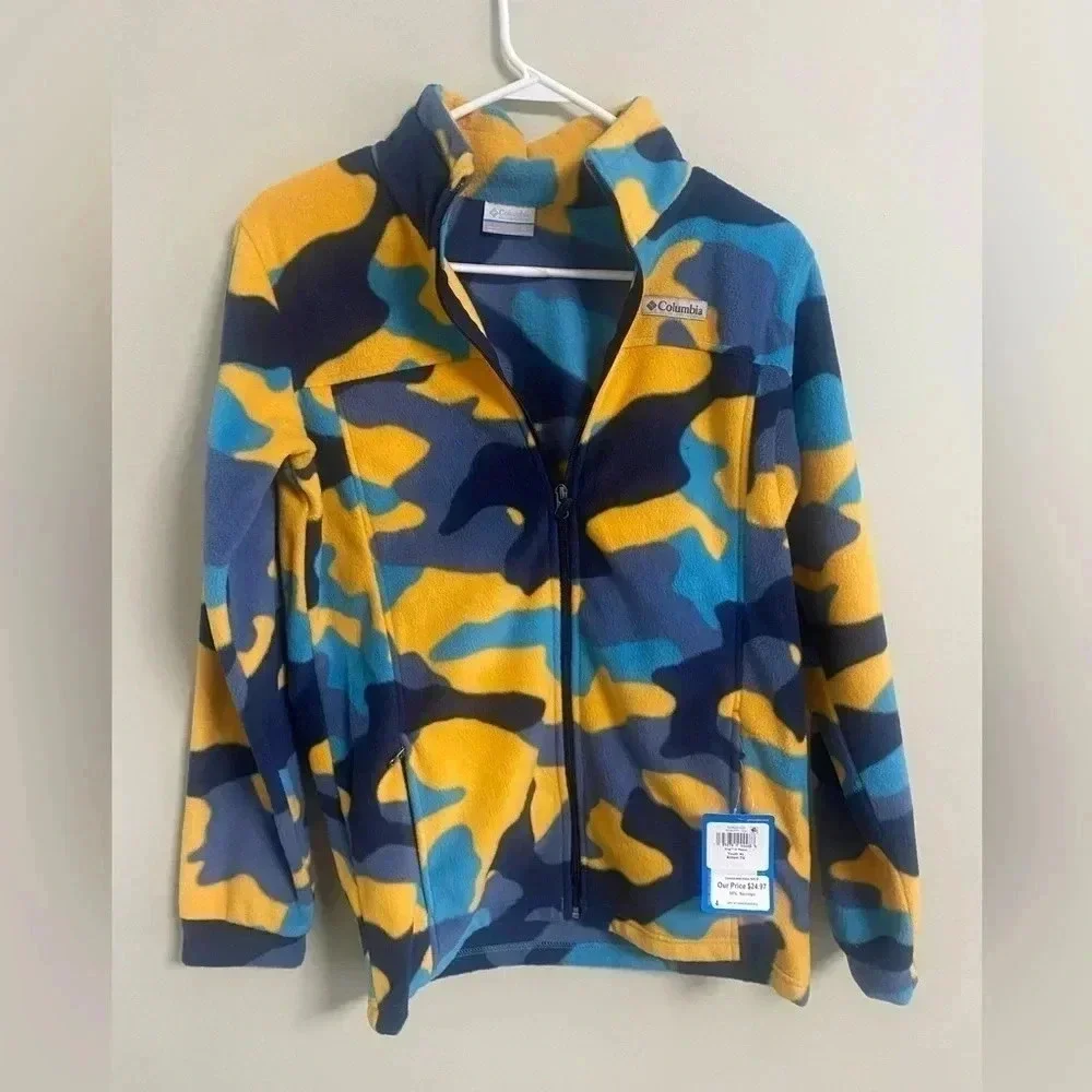 COLUMBIA ZING III Fleece Jacket Youth Boys Size XL Full Zip Camo Yellow NWT New